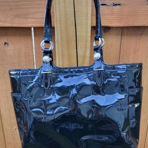 Coach Shoulder Bag Patent Leather Logo Black